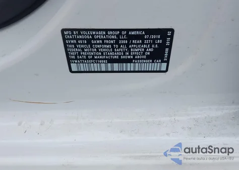 2015 Volkswagen Passat 1.8T Limited Edition z USA, uszkodzony, nr VIN 1VWAT7A3XFC116582